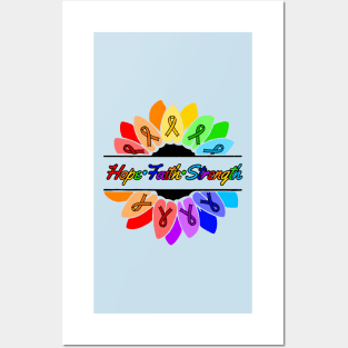 Rainbow Hope•Faith•Strength Sunflower Awareness Ribbon Posters and Art